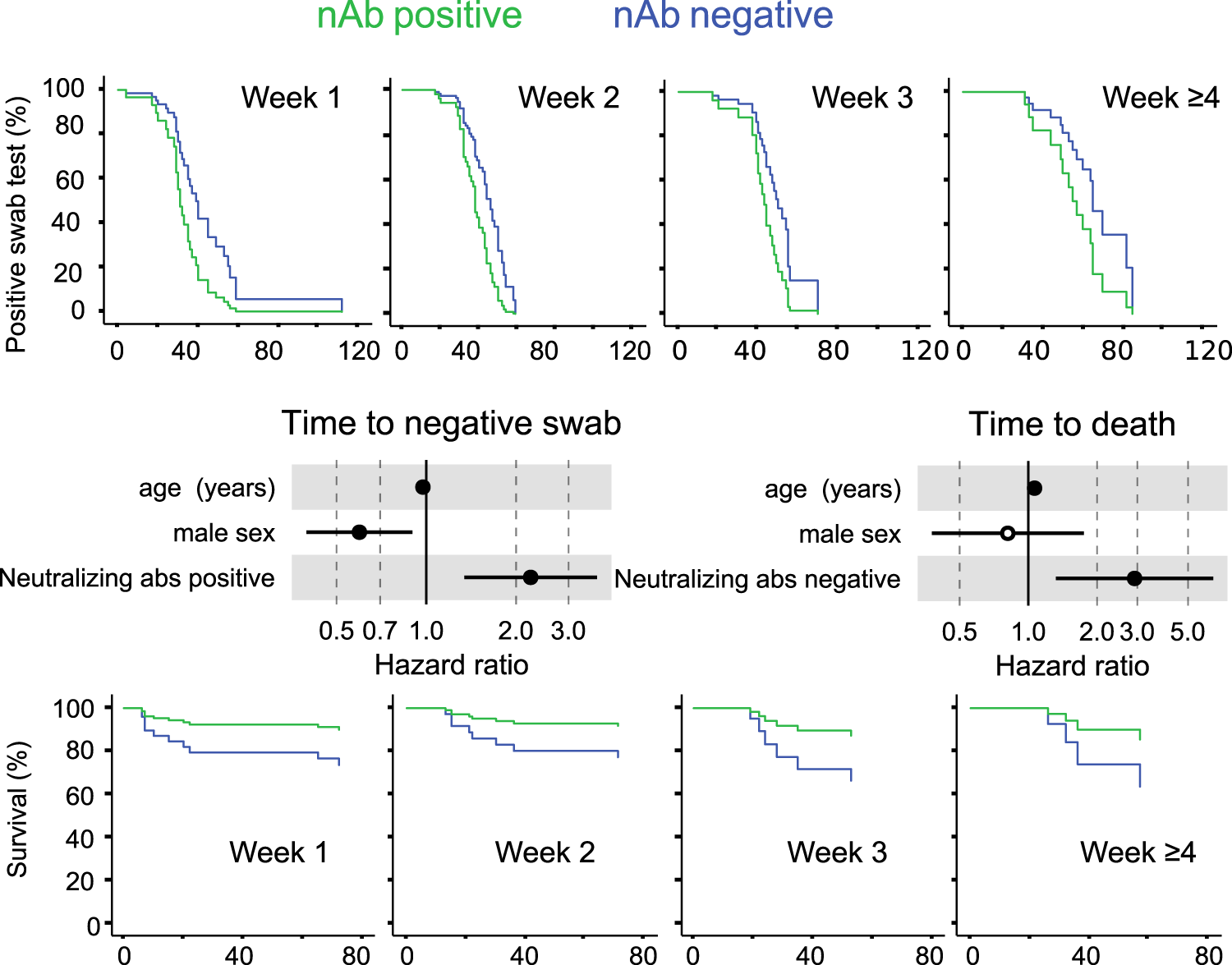 Fig. 4: Early development of the nAb response correlates with viral control and survival.