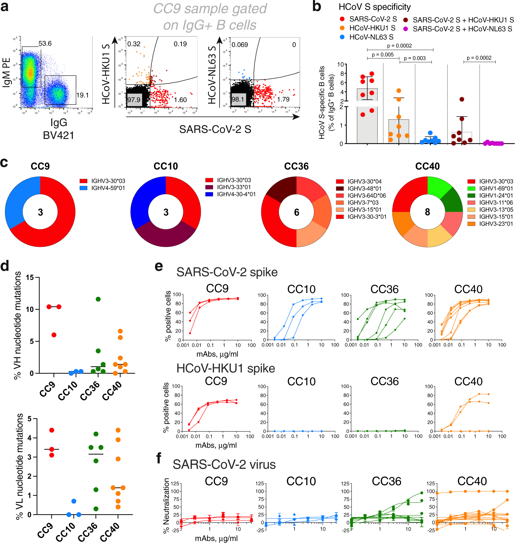 Fig. 3: SARS-CoV-2 S and endemic HCoV S-protein-specific cross-reactive IgG+ memory B cells from COVID donors and isolation and characterization of mAbs.