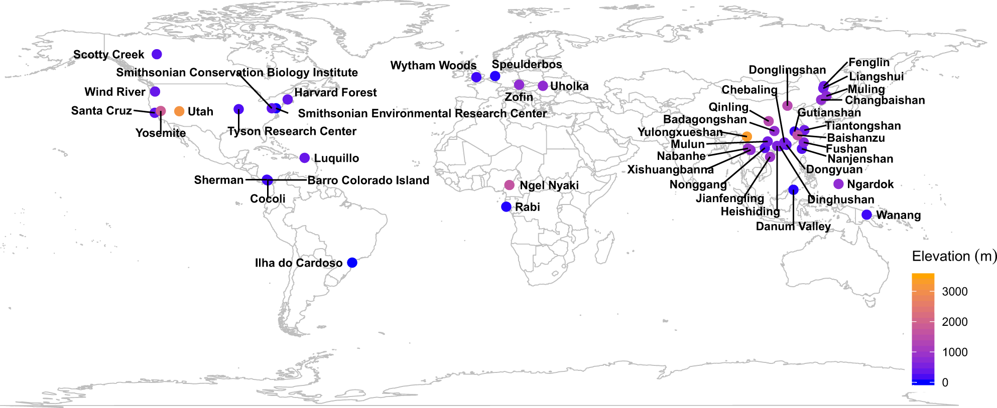 Fig. 1: Global distribution of 45 forest plots.