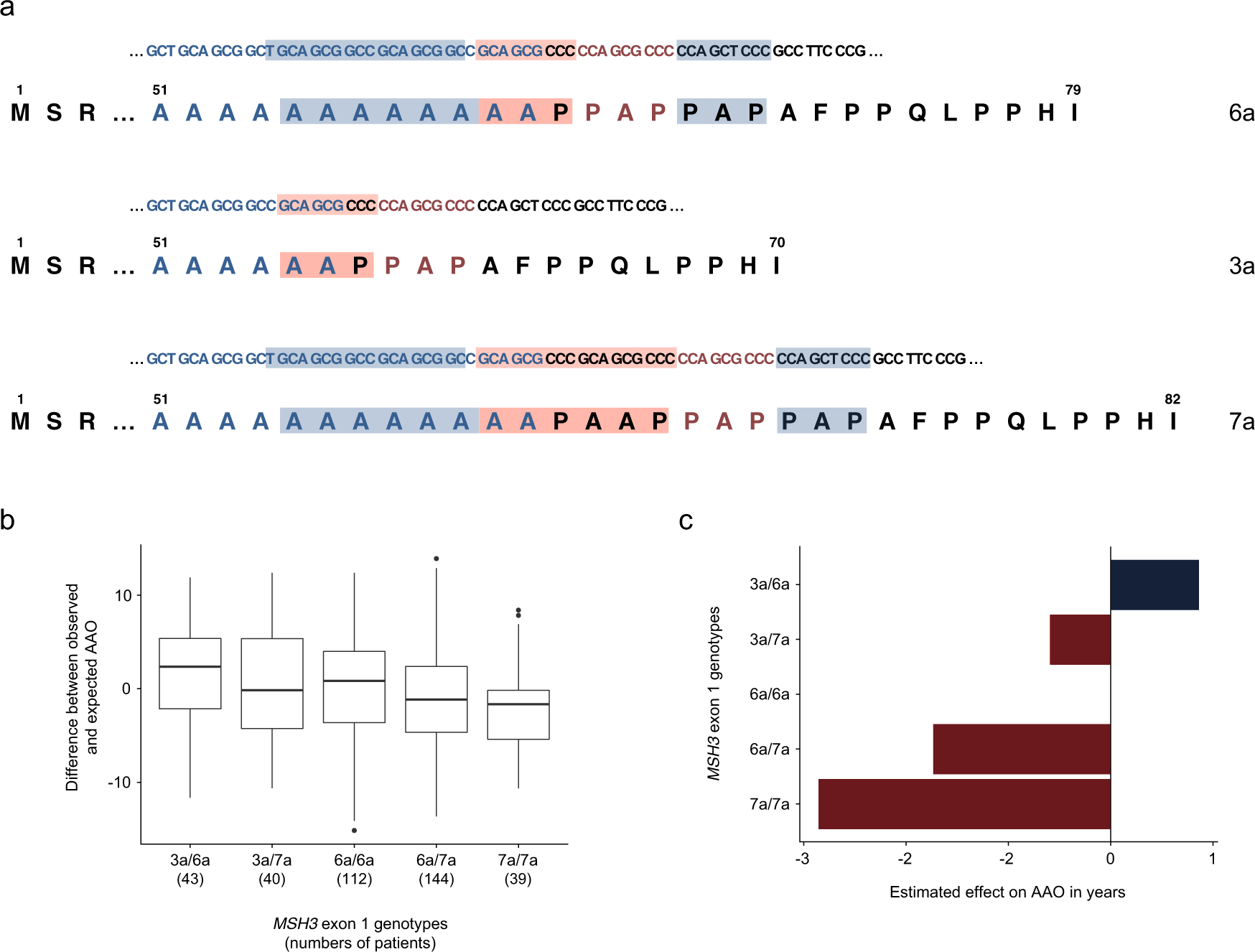 Fig. 3: The length polymorphism in exon 1 of MSH3 and its correlation within different genotypes with age at onset (AAO) in X-linked dystonia-parkinsonism (XDP) patients.