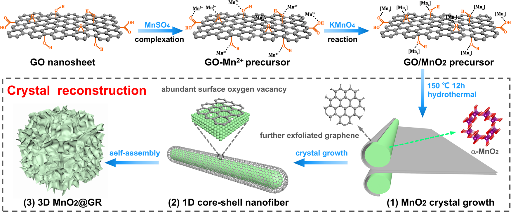 Fig. 1: Schematic illustration of the synthetic route and model of the 3D hierarchical MnO2@GR.