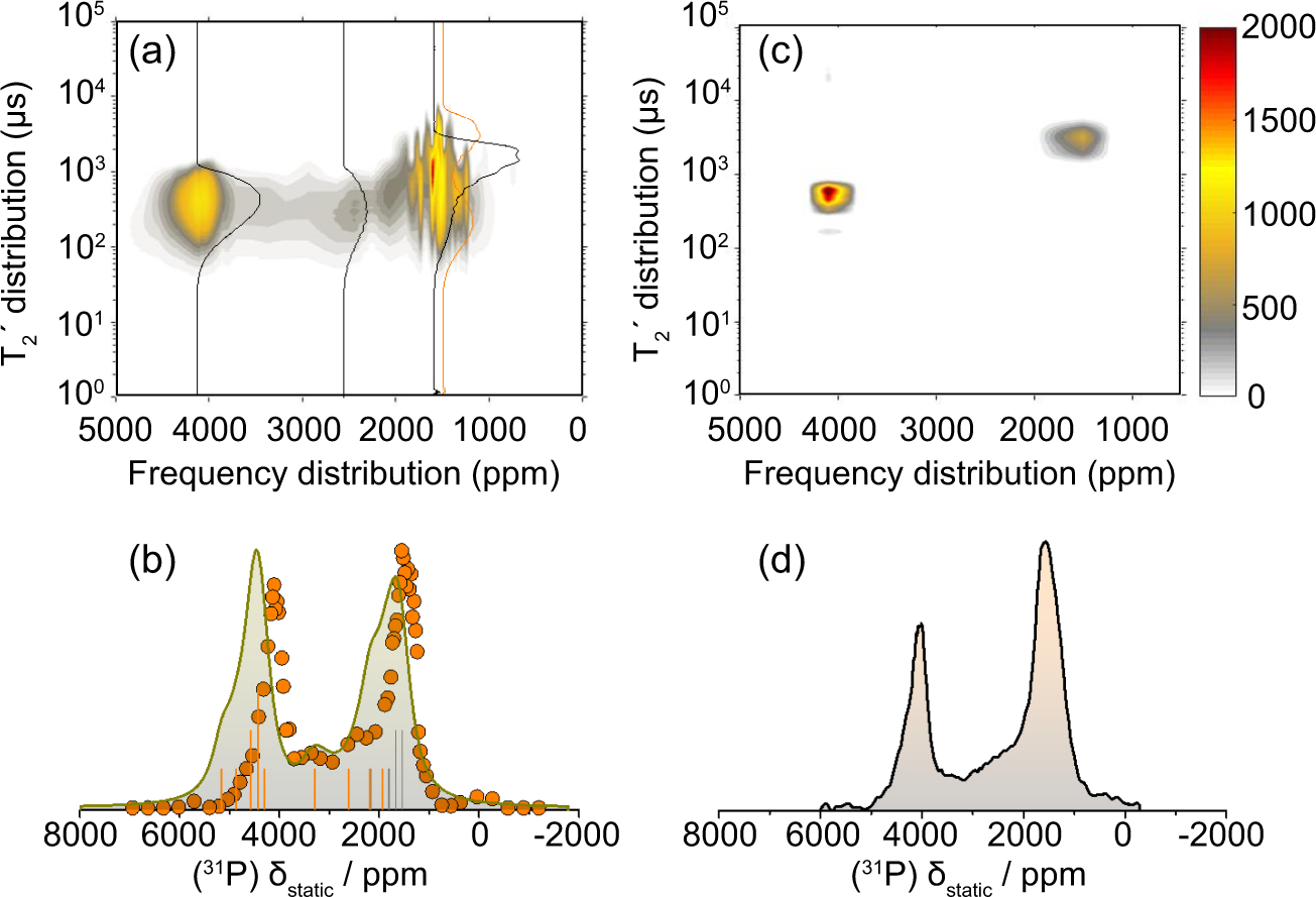 Fig. 7: 31P NMR 
                        
                          
                        
                        $${T}_{2}^{{\prime} }$$
                        
                          
                            
                              T
                            
                            
                              2
                            
                            
                              ′
                            
                          
                        
                       .dephasing analysis combined with DFT-calculated NMR showcasing the dominance of the 
                        
                          
                        
                        $$(10\bar{1}0)$$
                        
                          
                            (
                            
                              10
                              
                                
                                  1
                                
                                ¯
                              
                              0
                            
                            )
                          
                        
                       facets by increasing the size of the nanoparticles.