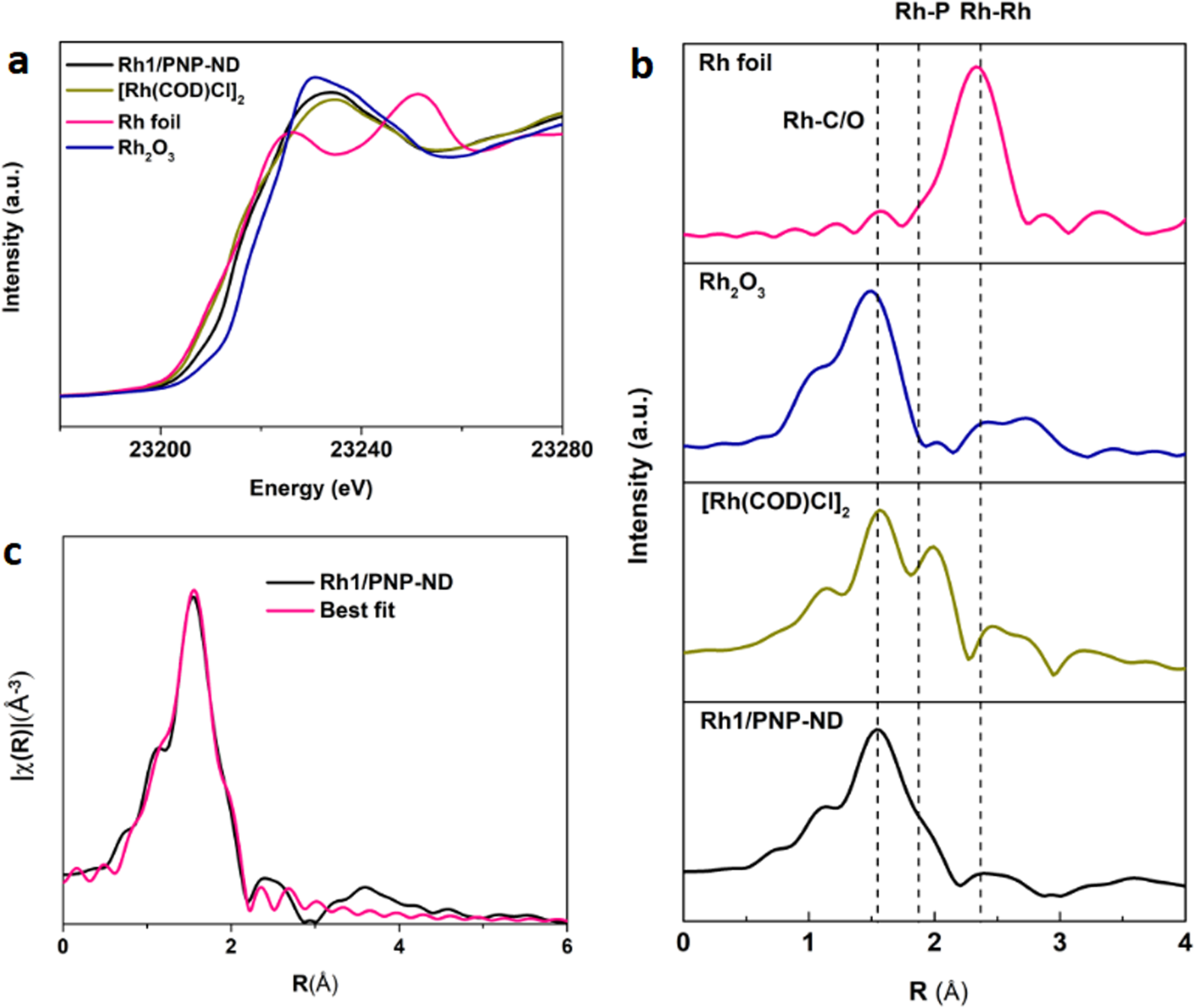 Fig. 4: The Rh XAS data of Rh1/PNP-ND and standard Rh materials.