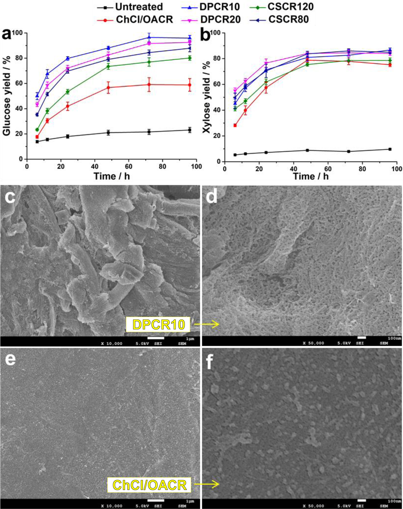 Fig. 7: Enzymolysis and SEM images of DES fractionated cellulose residues.