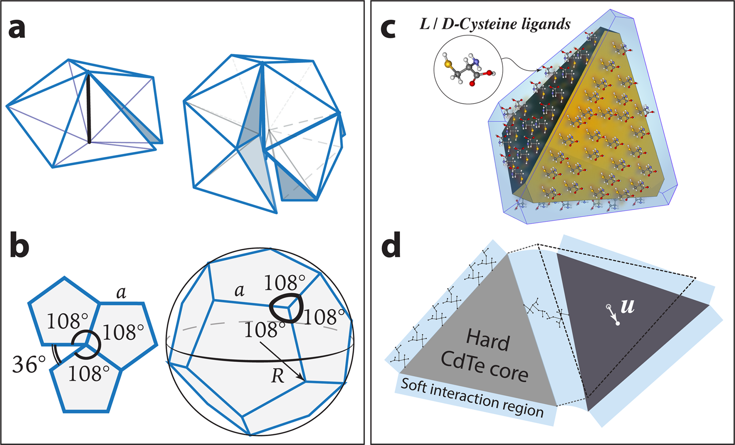 Fig. 1: Geometric frustration of polyhedra and polygons, and tetrahedral NPs.
