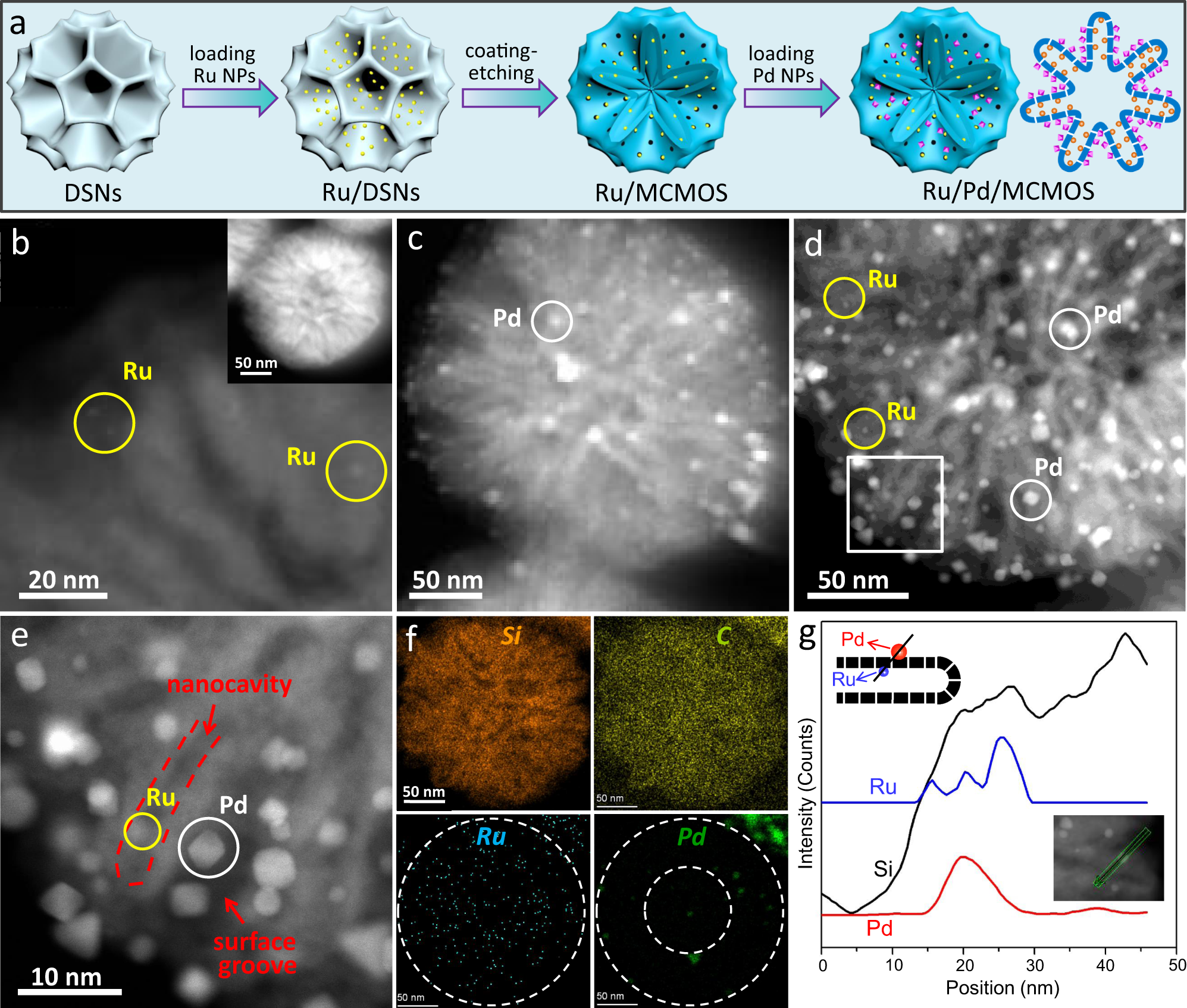 Fig. 2: Synthesis and characterization of the Ru/Pd/MCMOS cascade catalyst.