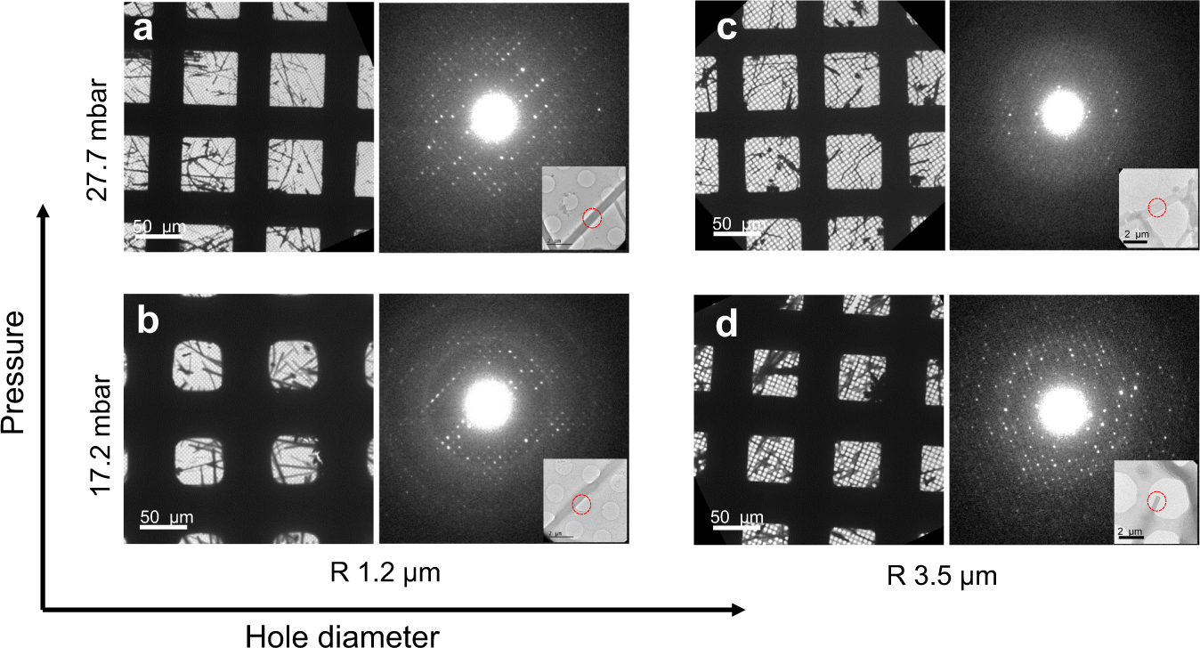 Fig. 4: Adjustment of vitrified ice thickness by tuning pressure and choosing EM grids with different carbon hole sizes.