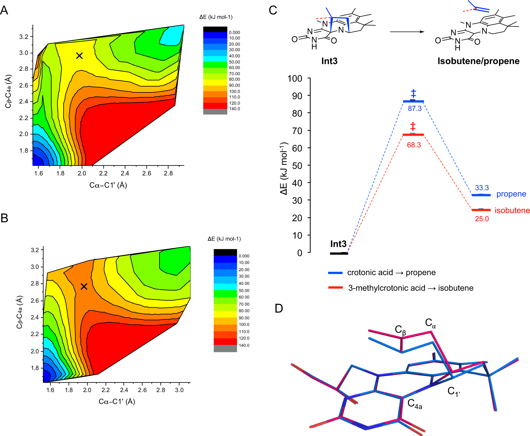 Fig. 6: DFT calculations applied to the active site of TaFdc with 3-methylcrotonic and crotonic acid.