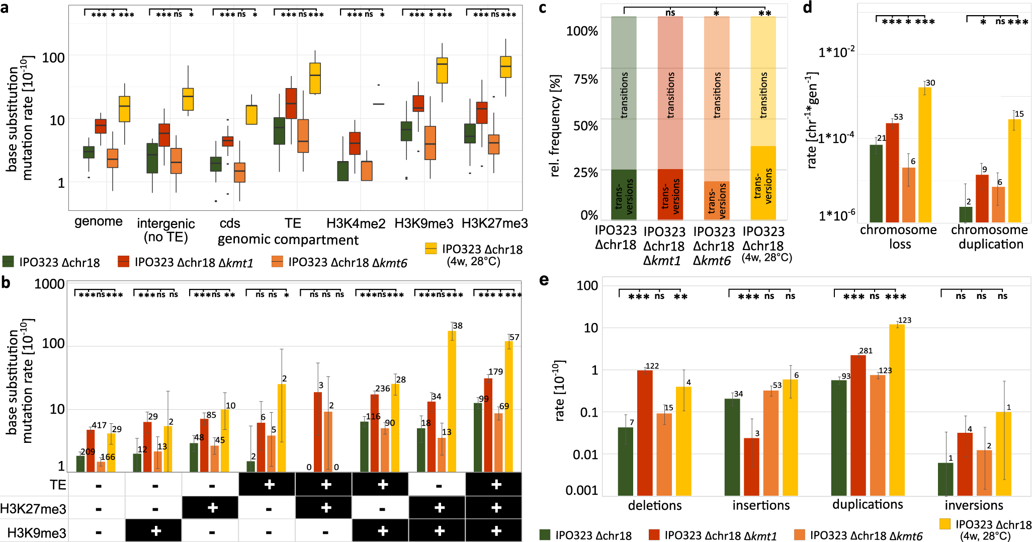 Fig. 5: The removal of the histone modifications H3K9me3 and H3K27me3, and an increase in temperature affect the rate of mutations differently between different genomic compartments.