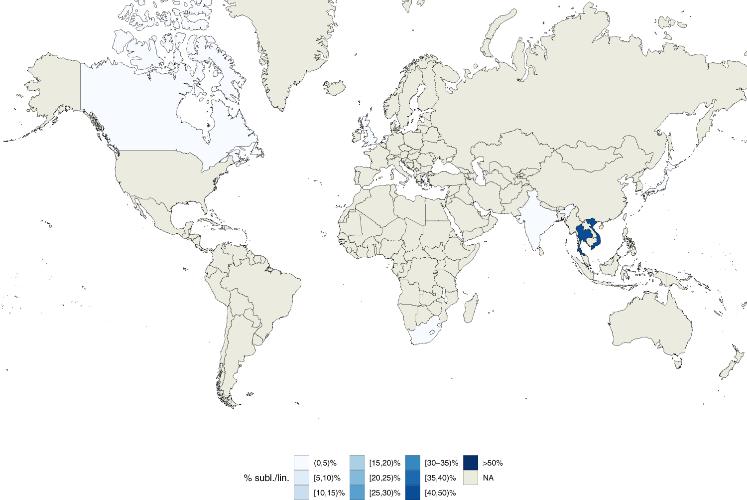 Fig. 7: Geographic distribution of internal sub-lineage 1.1.1.1.