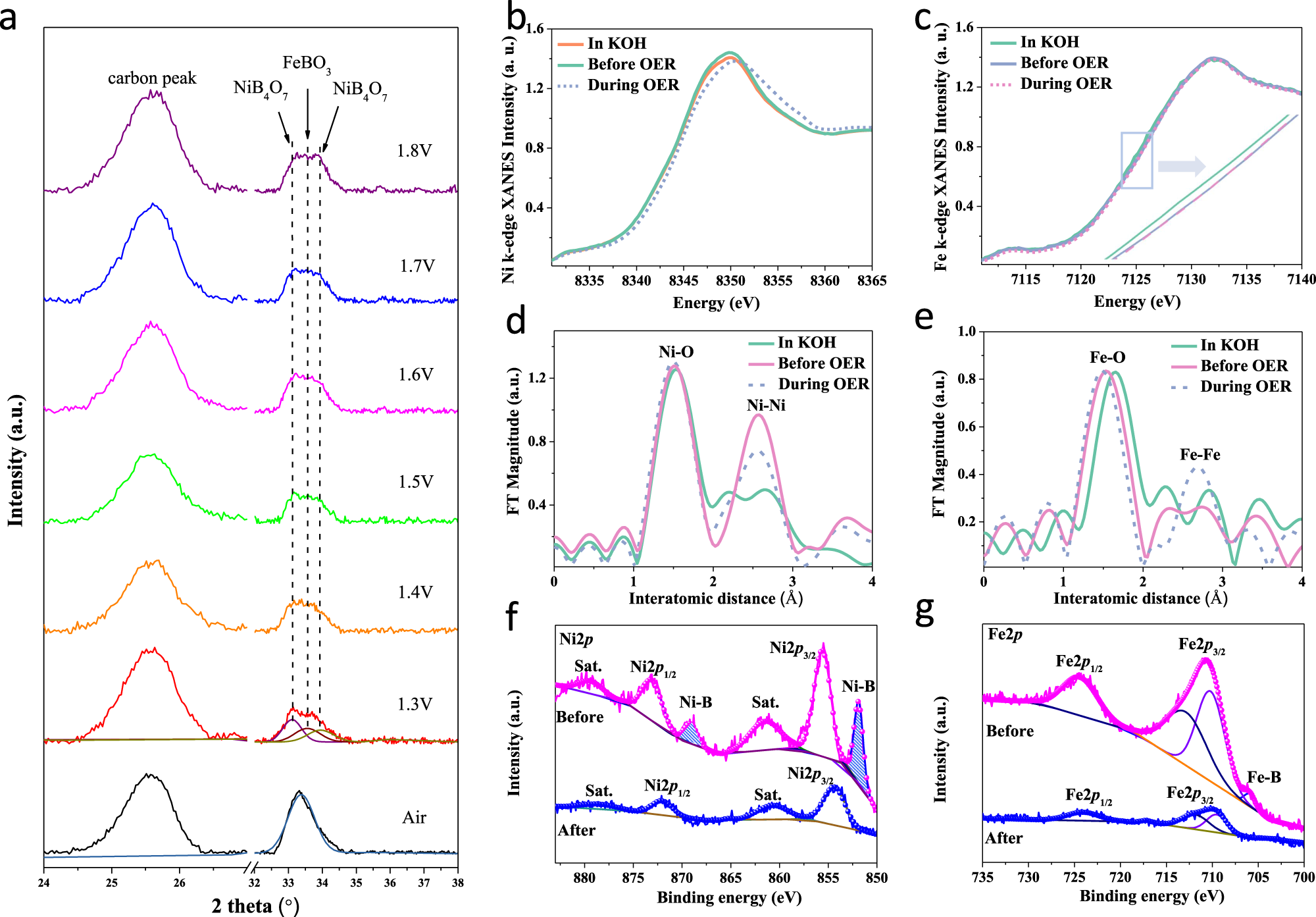 Fig. 3: Ex/in-situ characterization of as-prepared NiFe-Boride catalyst.