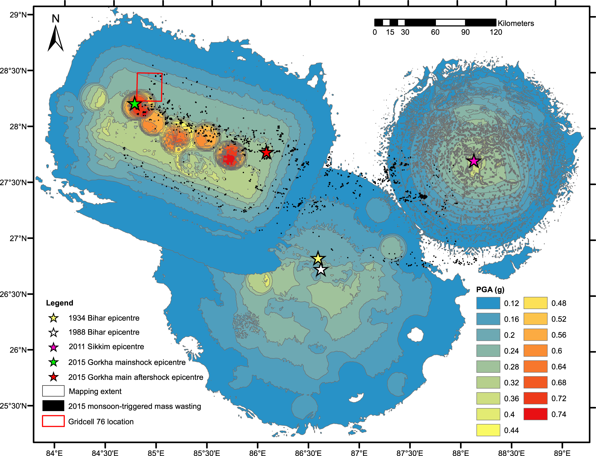 Fig. 7: The locations of the epicentres of the 2015 Mw 78 Gorkha earthquake main shock, the 2015 Mw 7.3 largest aftershock, the 2011 Mw 6.9 Sikkim earthquake, the 1988 Mw 6.9 Bihar earthquake and the 1934 Mw 8.0 Nepal–Bihar earthquake.