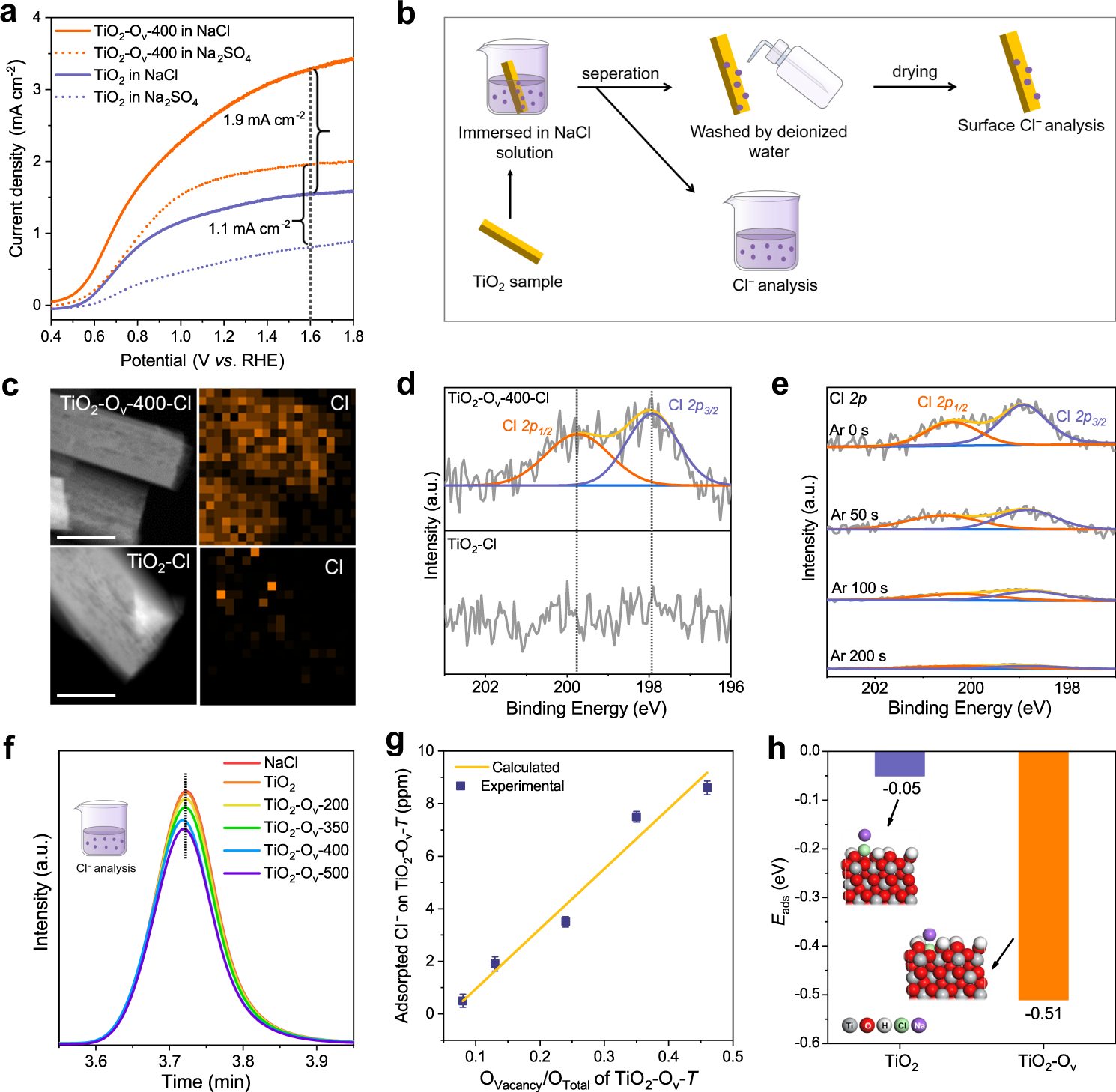 Fig. 5: Mechanistic investigation of enriched Cl− at oxygen-vacancy sites.
