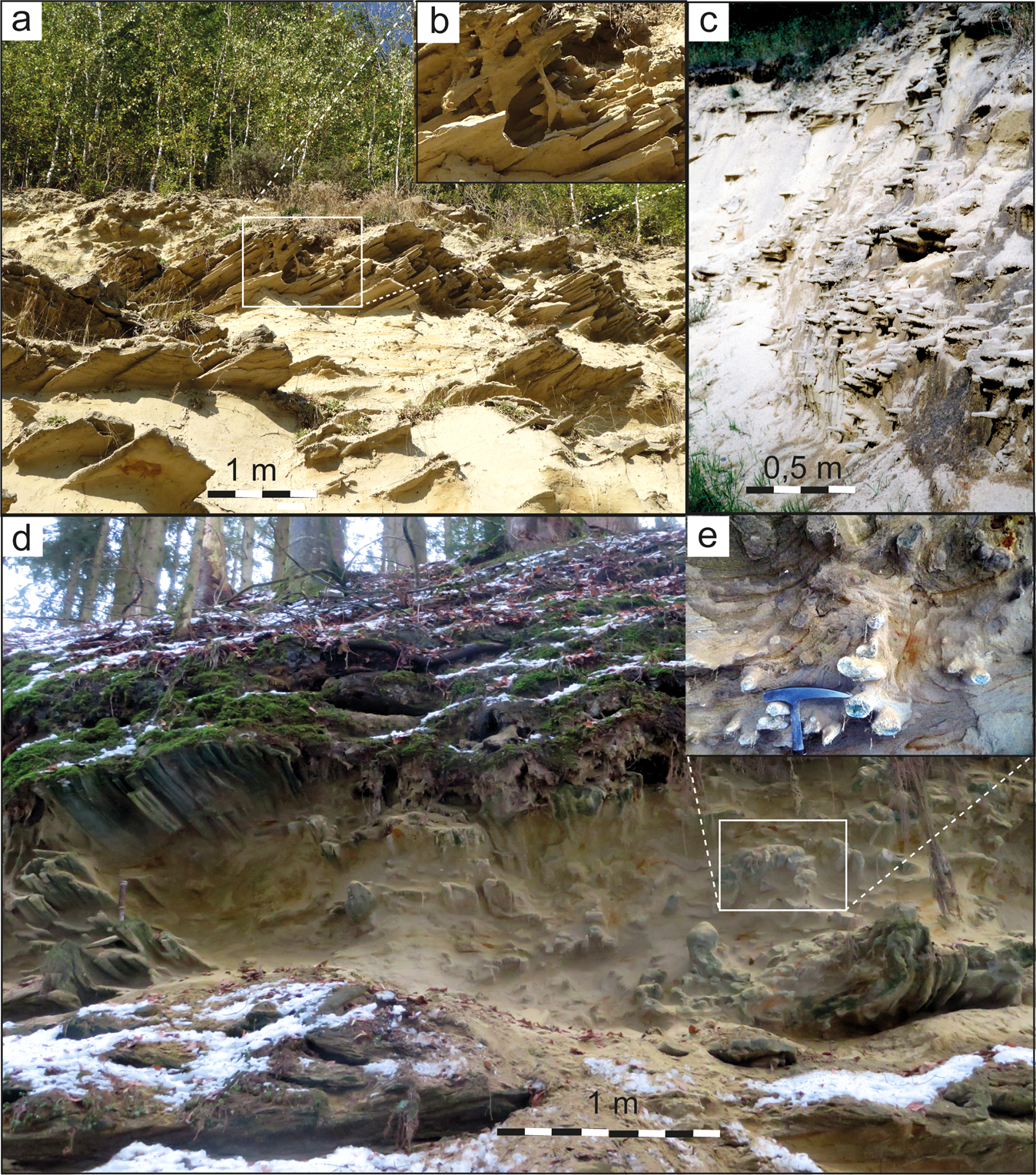 Fig. 3: Outcrops with seismites and/or sand spikes in the Upper Freshwater Molasse.