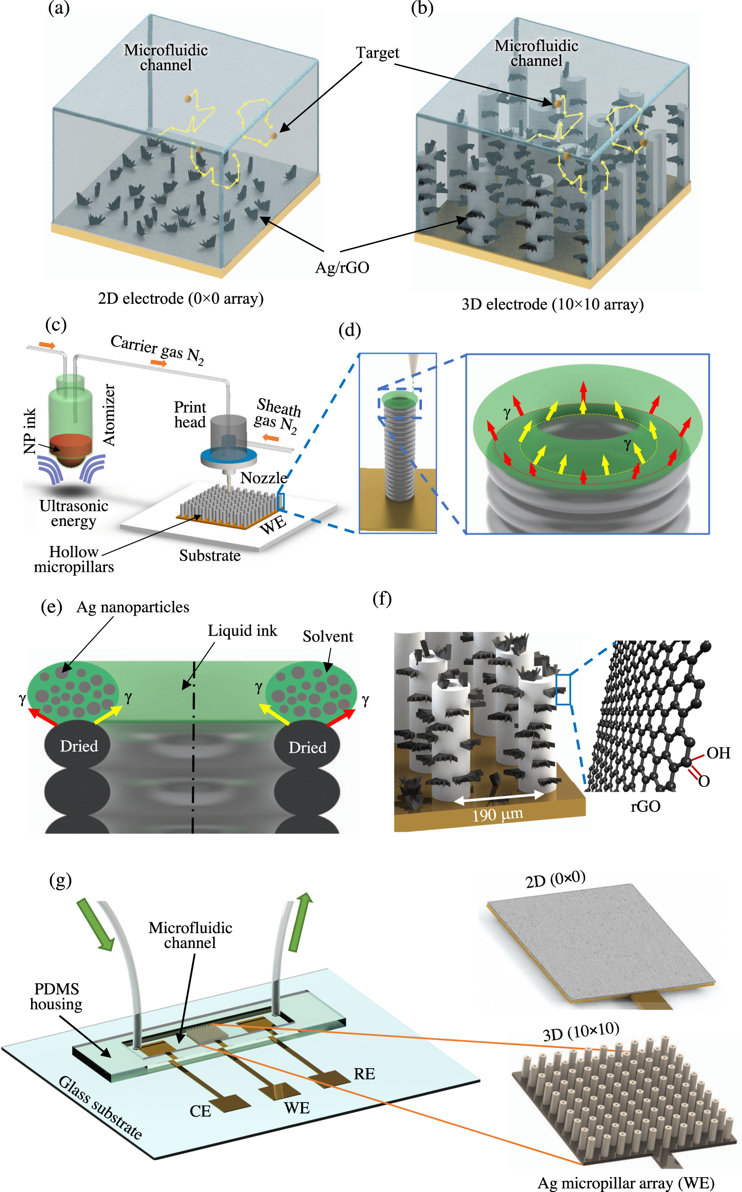 Fig. 1: Aerosol Jet nanoparticle 3D printing process for micropillar array electrodes used for dopamine sensing.