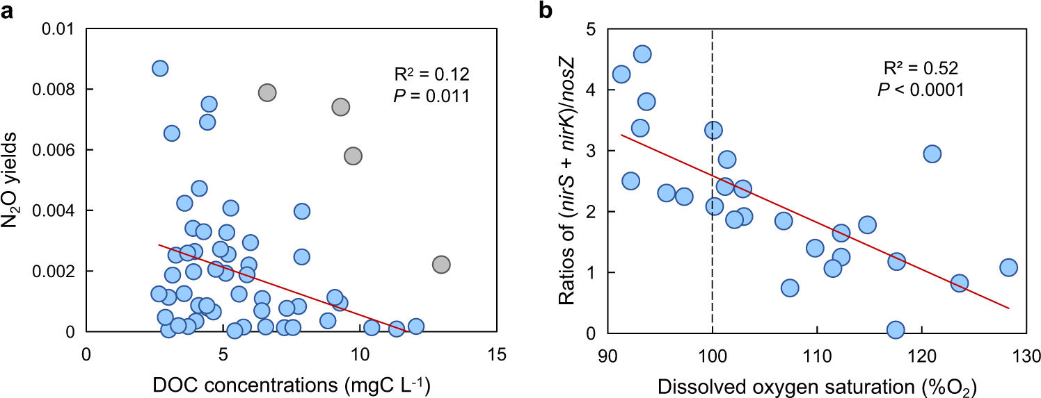 Fig. 4: Effect of environmental variables on N2O yields and ratios of nitrite reductase: nitrous oxide reductase [(nirS + nirK)/nosZ].