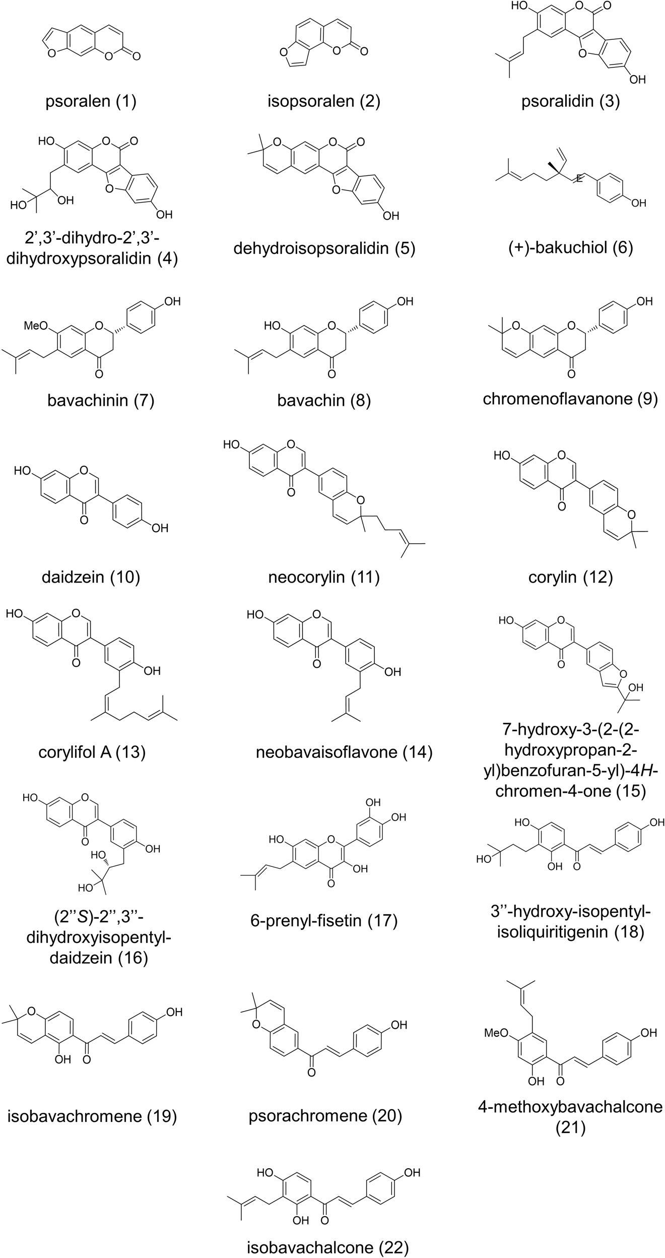 Fig. 2: Pure compounds isolated from the n-hexane extract of Psoralea corylifolia.