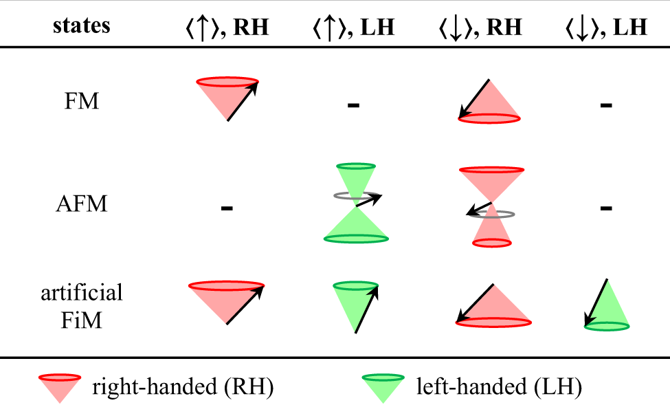 Fig. 5: The possible states produced by the magnons in FM, AFM, artificial FiM systems.