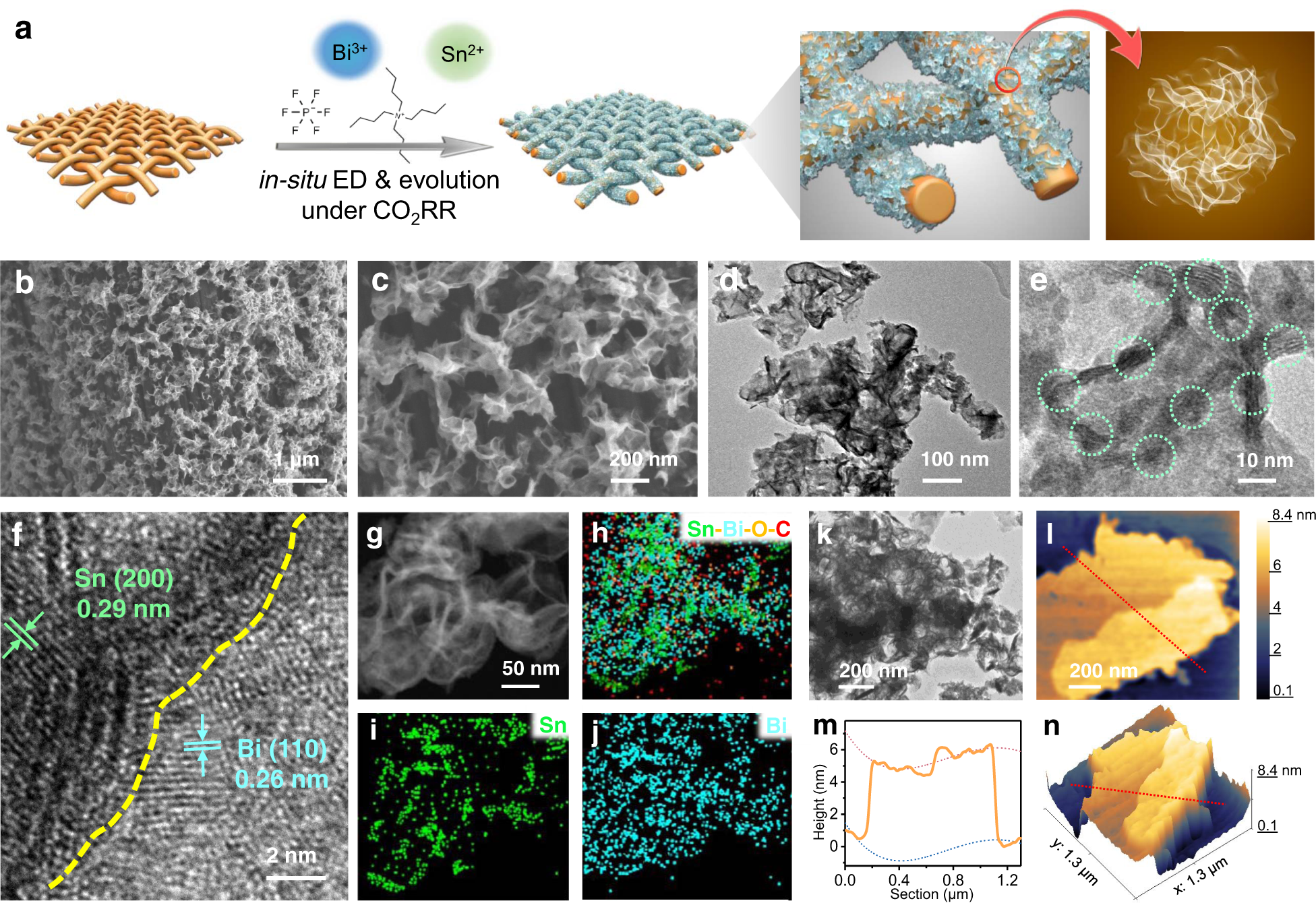 Fig. 2: Fabrication and characterizations of Sn–Bi interface induced by crumples.