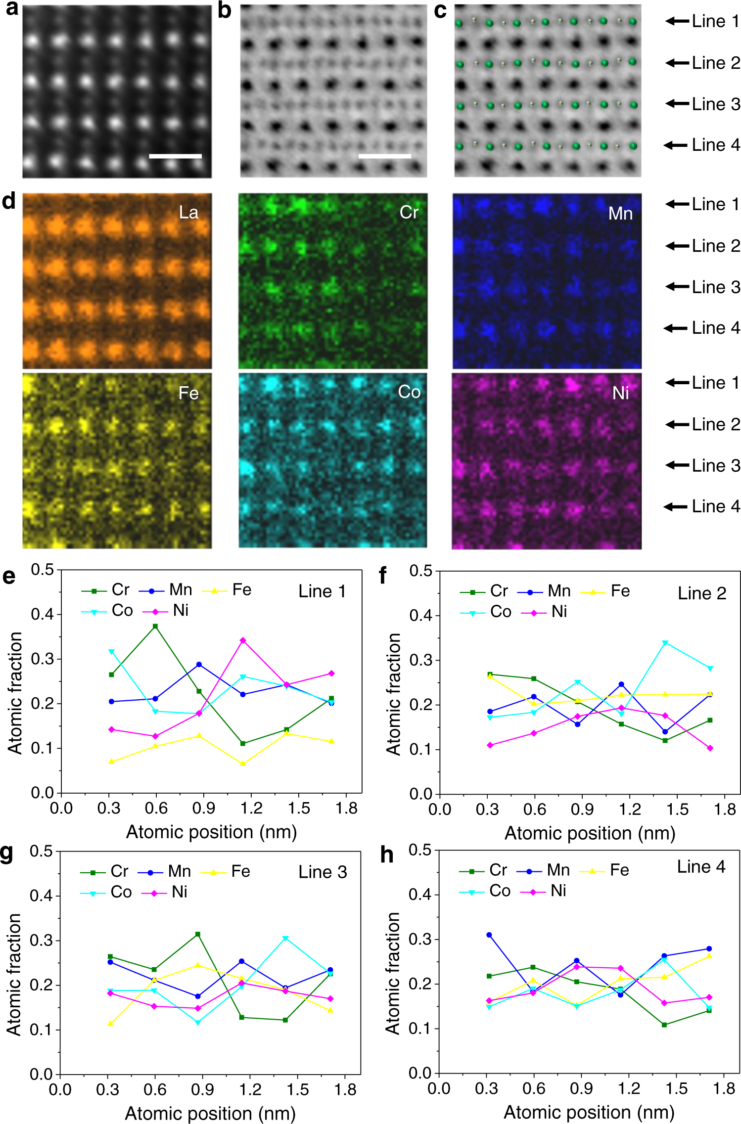 Fig. 2: Atomic structure and compositional fluctuation of La(5TM0.2)O3.