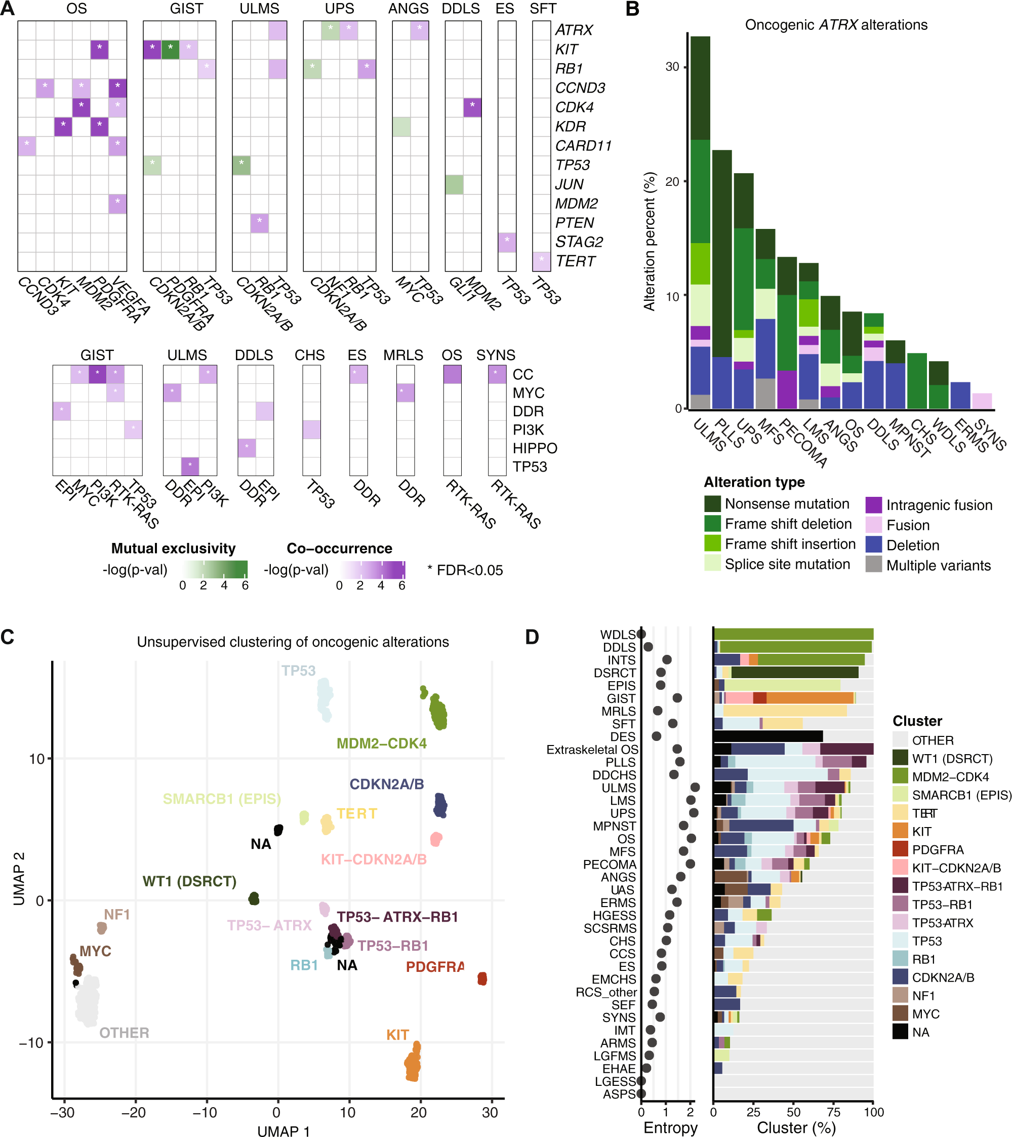 Fig. 5: Mutual exclusivity, co-occurrence, ATRX alterations, and unsupervised clustering based on genetic signatures.