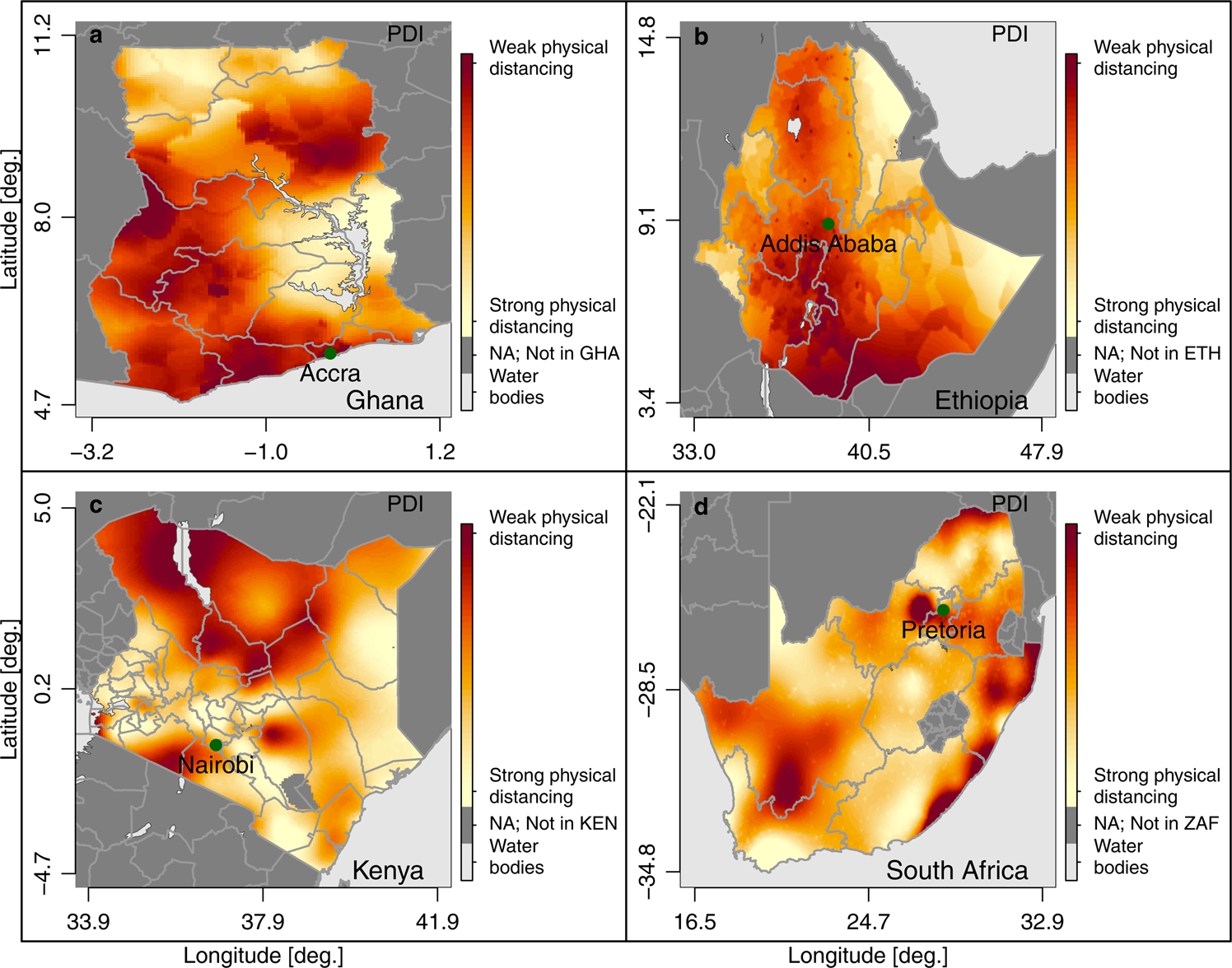 Fig. 2: PDI at 5 × 5 km level for Ghana, Ethiopia, Kenya, and South Africa.