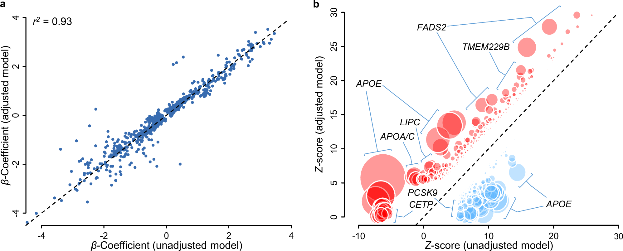 Fig. 3: Comparison of estimated lipidomic effect sizes between clinical lipid adjusted and unadjusted models.