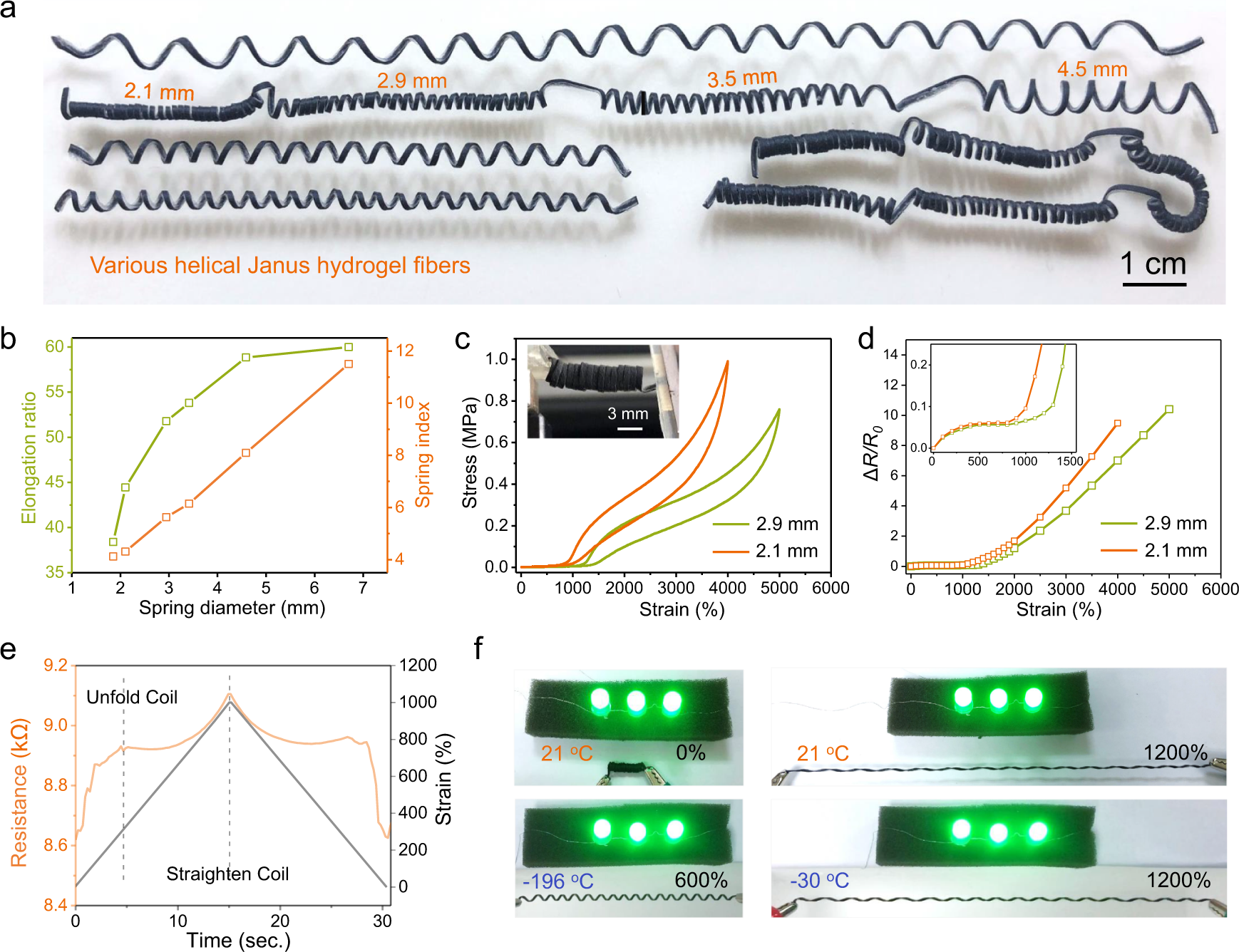 Fig. 5: Helical Janus hydrogel fiber conductors of extremely large deformations and low temperatures tolerance.