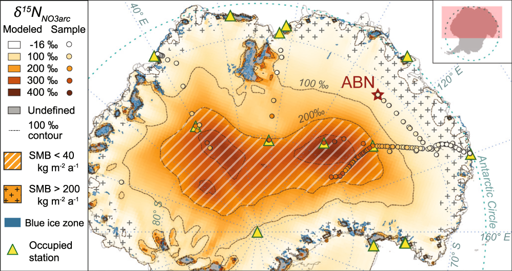 Fig. 3: δ15NNO3arc values modeled by (1) across East Antarctica based on surface mass balance (SMB).