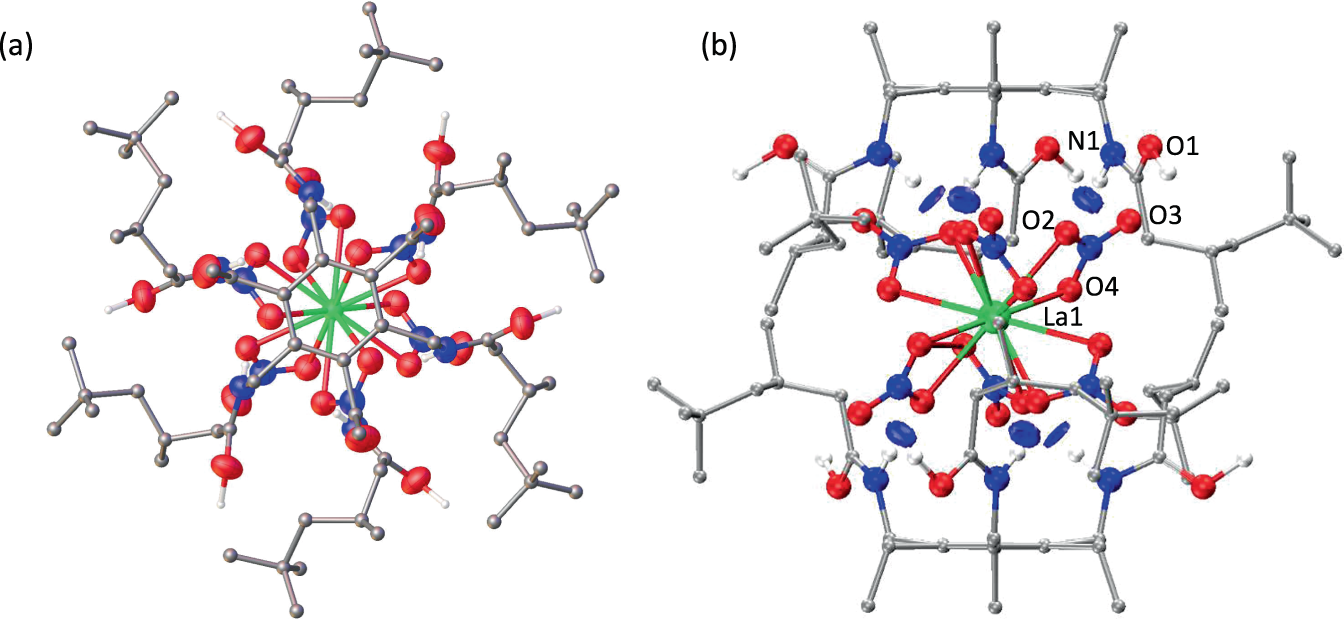 Fig. 2: X-ray crystal structure and DFT NCI analysis of 1-La [{La(NO3)6}⊂(H3L2)]n.