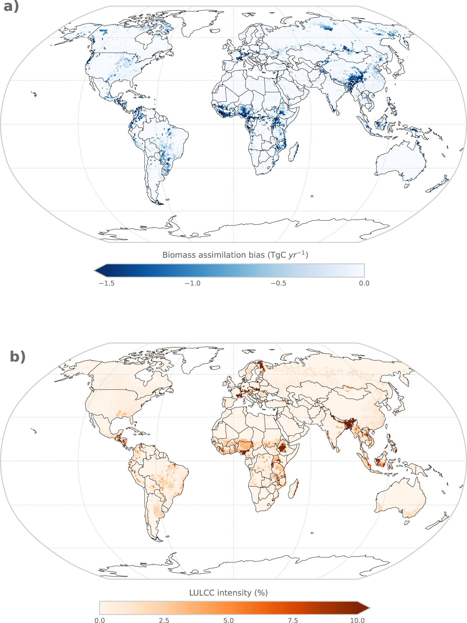 Fig. 3: Global maps of biomass assimilation bias and LULCC intensity according to LUH2.