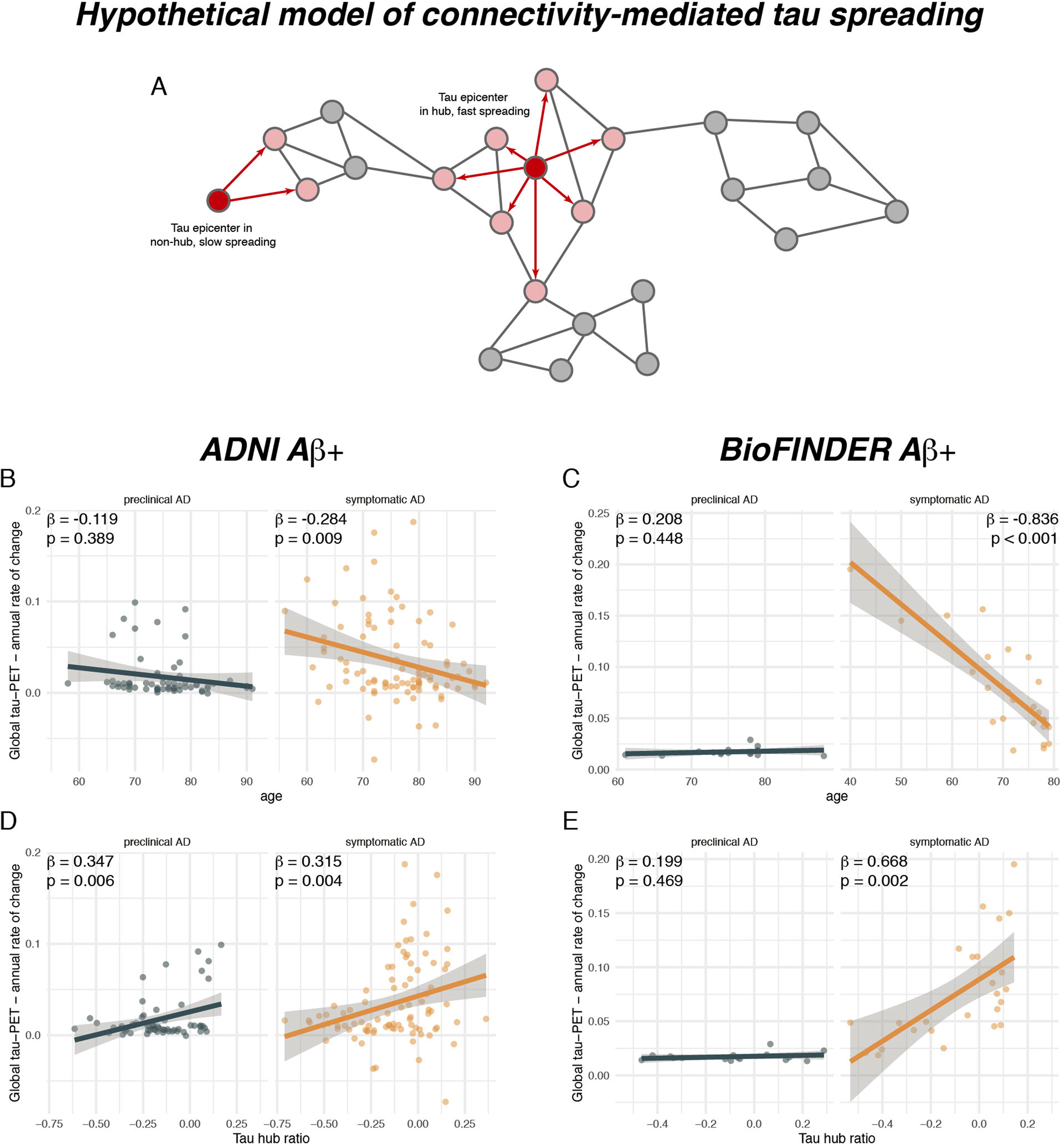 Fig. 4: A higher tau hub ratio facilitates tau spreading.