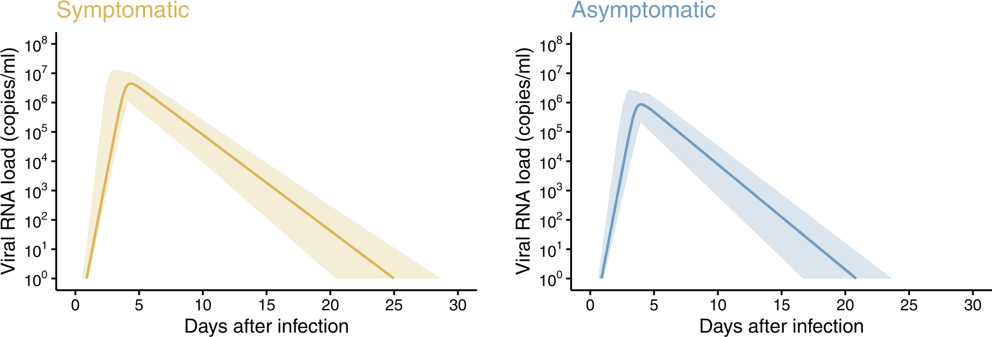 Fig. 1: Estimated viral load curves from the models for symptomatic and asymptomatic cases.