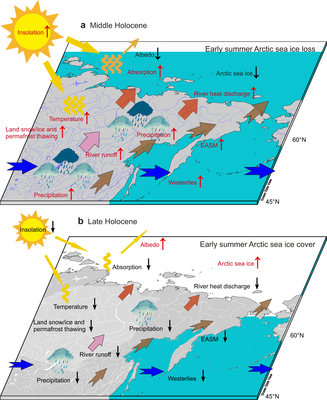 Fig. 4: Mechanisms of Russian pan-Arctic river heat discharges on Arctic sea ice changes.