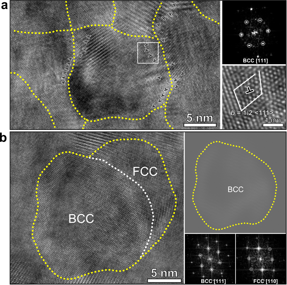 Fig. 4: HRTEM observations of the IGC nanograined Fe-Ni samples before and after annealing at 300 °C for 1 h.