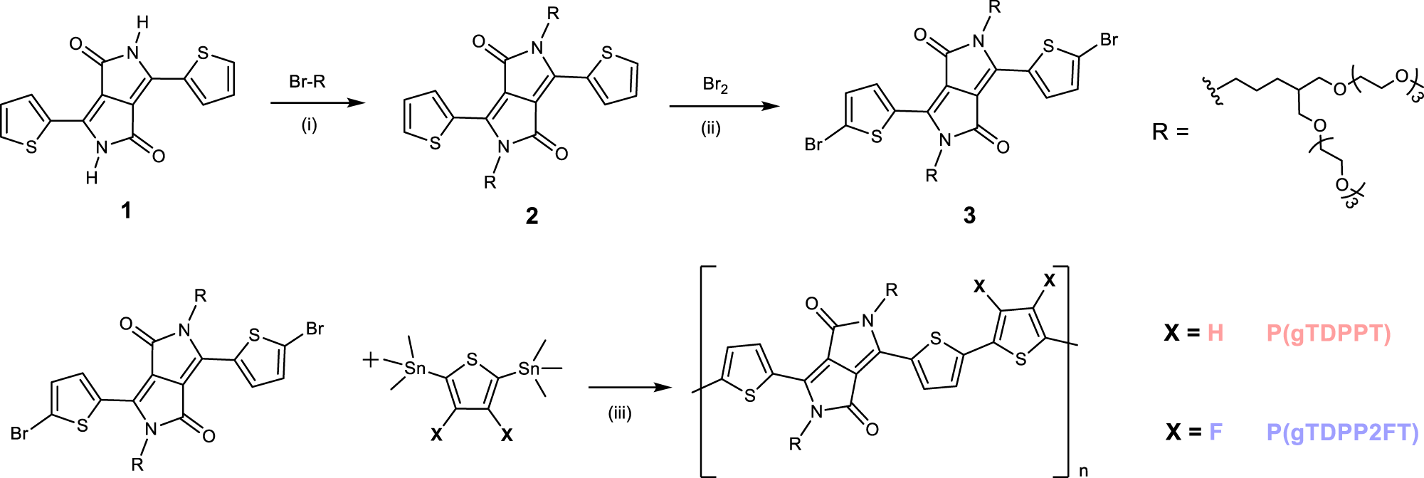 Fig. 1: Synthetic routes to the polymers, P(gTDPPT) and P(gTDPP2FT).