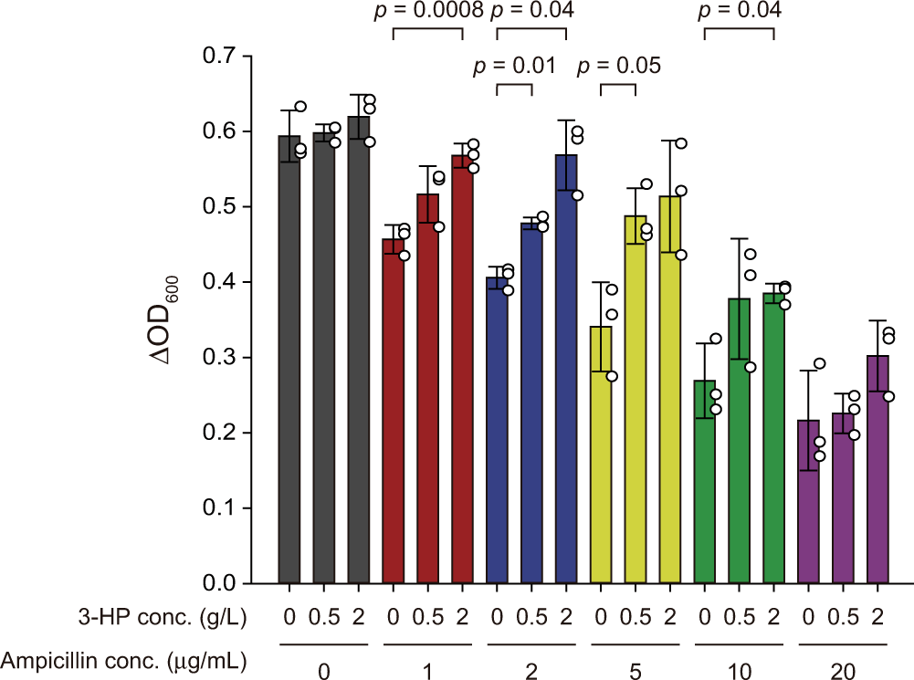 Fig. 3: 3-HP dependent growth control of the microbial consortium in presence of ampicillin.