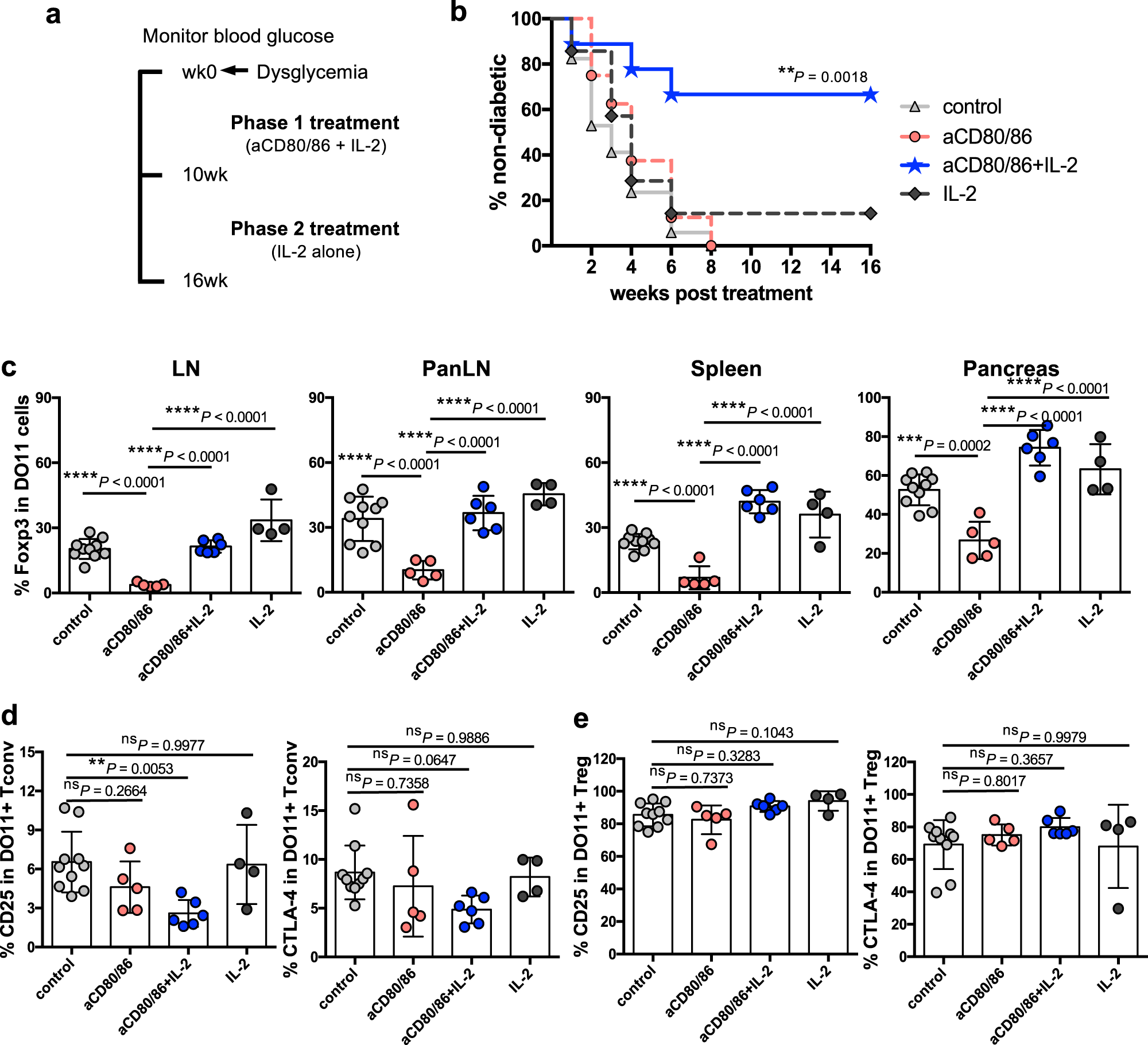 Fig. 5: Impact of costimulation blockade and IL-2 on diabetes development in a therapeutic setting.