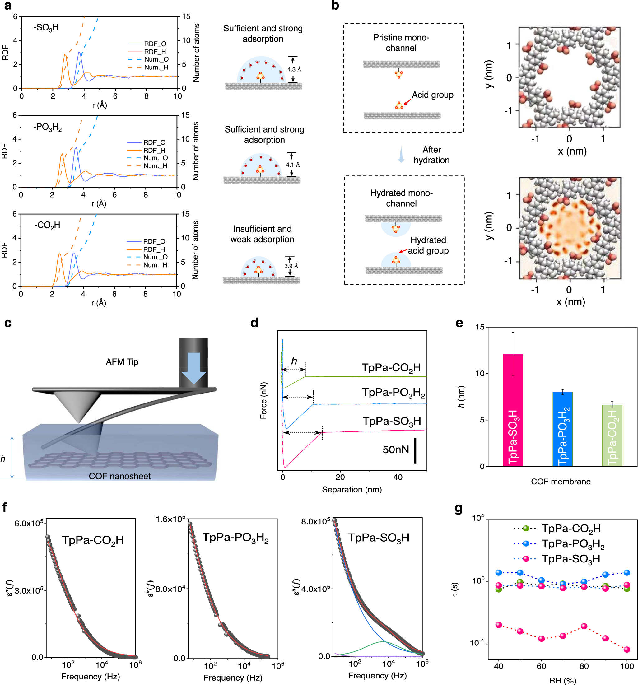 Fig. 4: Simulations and characterizations on hydration shells of COF membranes.