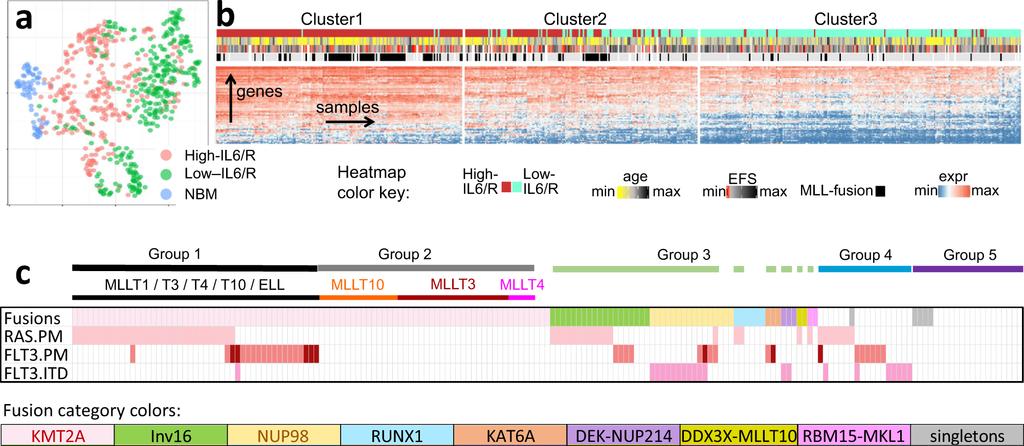 Fig. 3: High-IL6/R pAML BM samples are highly distinct in terms of their immunological, transcriptional, and genomic characteristics.