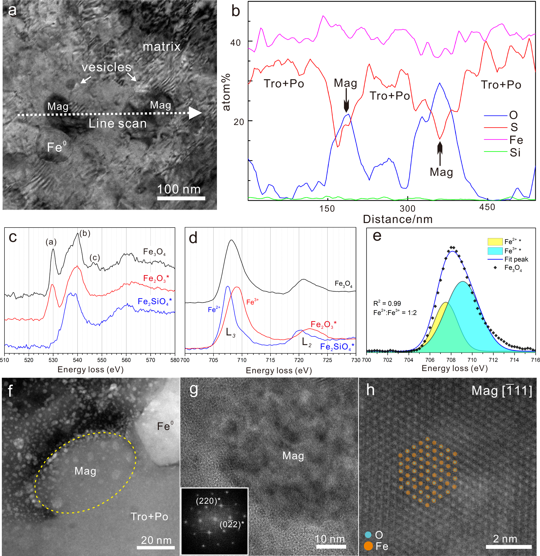 Fig. 2: Identification of magnetite (Mag) in the iron-sulfide grains.