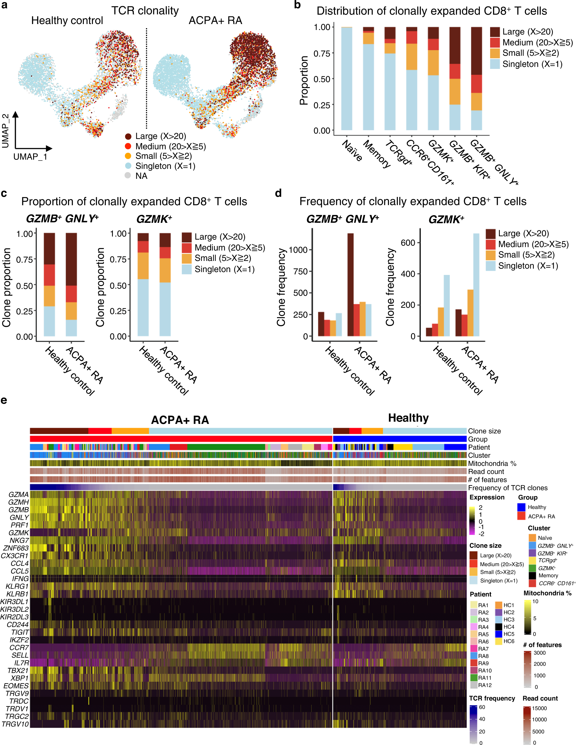 Fig. 3: Single-cell transcriptomics and TCR sequencing demonstrate clonally expanded CD8+ T cells expressing cytotoxic mediators in ACPA+ RA blood.