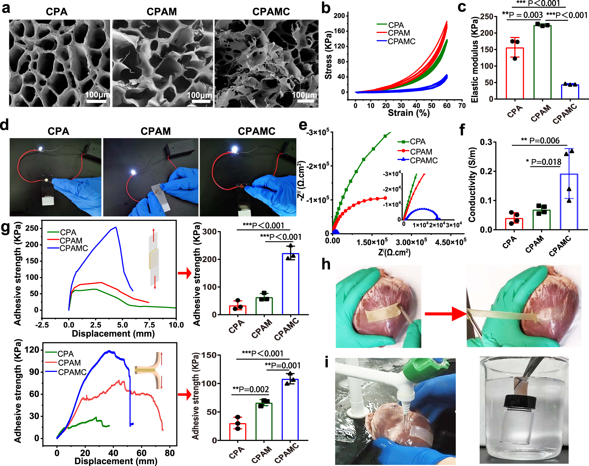 Fig. 2: The morphological, conductive, and mechanical characteristics of the adhesion hydrogels.