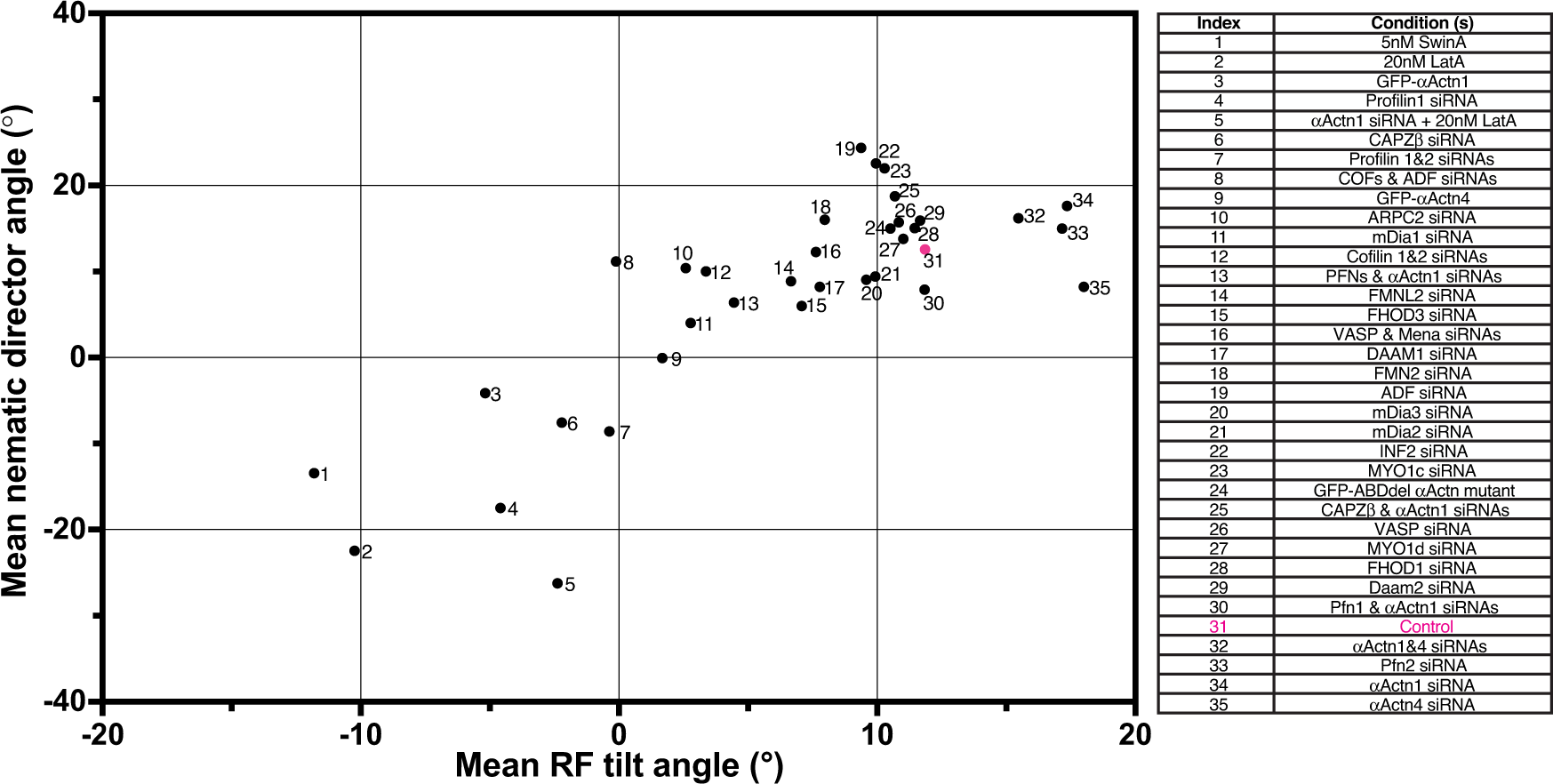 Fig. 8: The correlation between mean radial fibre tilt angle in individual cells and mean nematic director angle in microcultures.