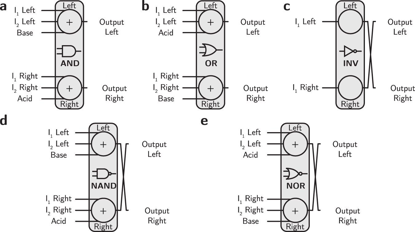 Fig. 2: Primitive logic gates represented by acid-base blocks.
