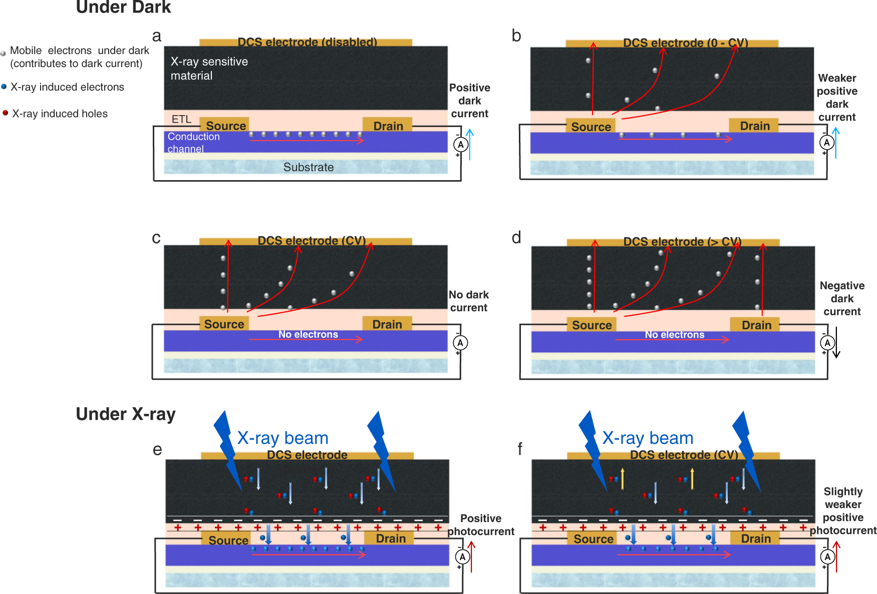 Fig. 2: Detailed working principles of dark-current-shunting (DCS) X-ray detector.