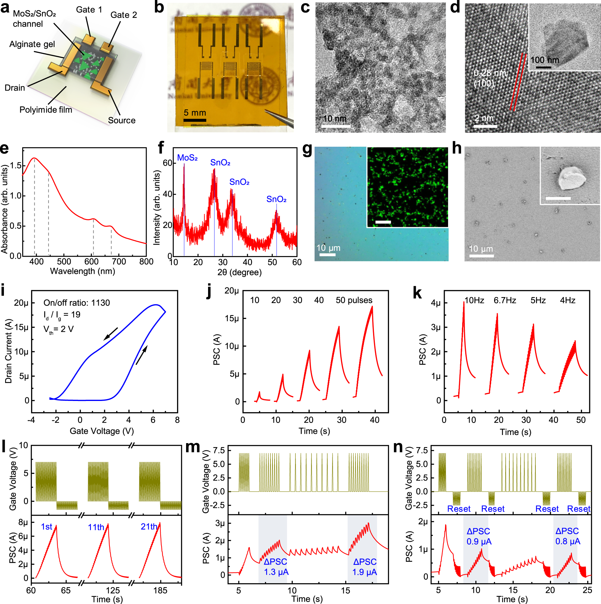 Fig. 2: Characterization and performance of the synaptic transistor.
