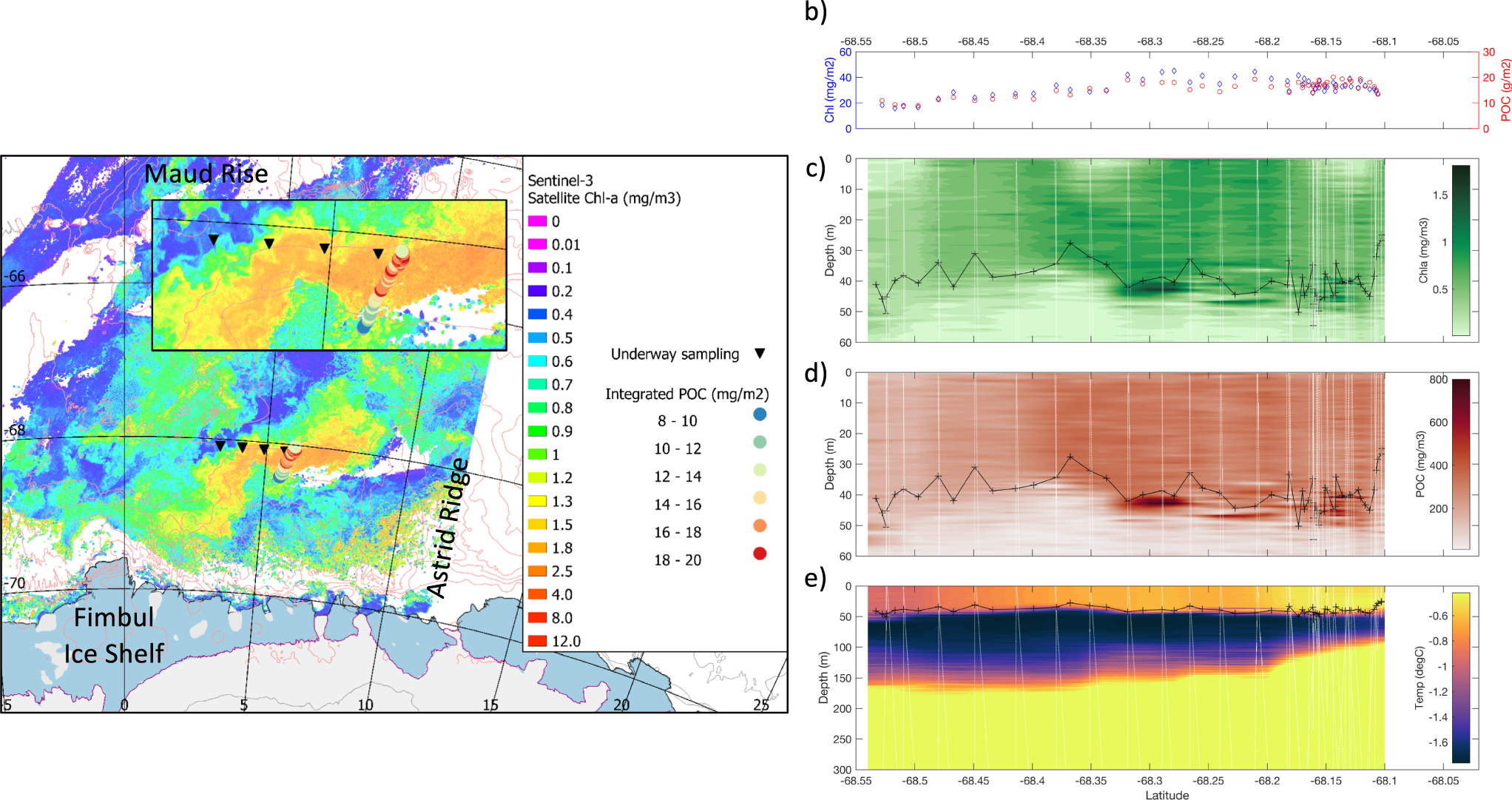 Fig. 1: A large phytoplankton bloom in the eastern Weddell Gyre.