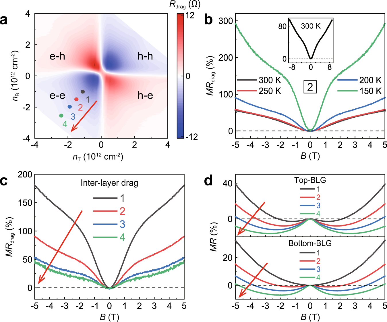 Fig. 2: Evolution of magneto-drag behaviors with varying temperatures and carrier densities.