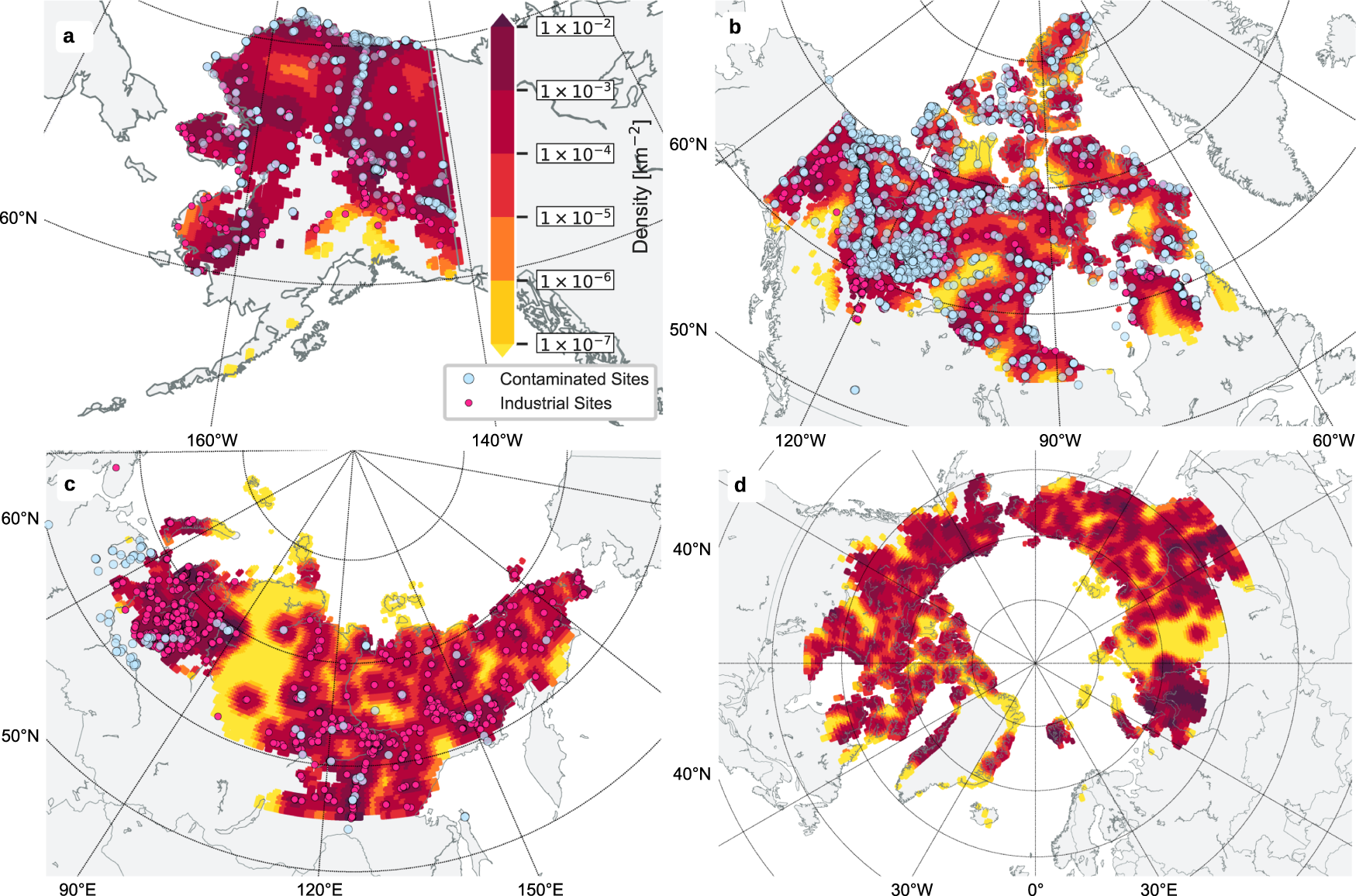 Fig. 5: Projected densities of contaminated sites in Arctic permafrost dominated regions.
